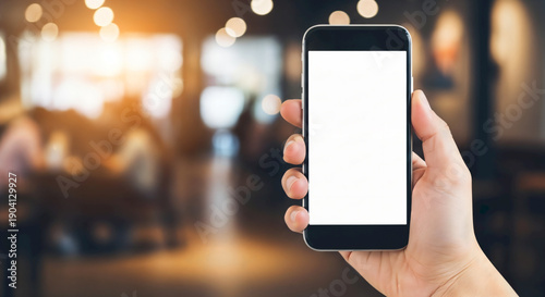Hand holding a black smartphone with a blank white screen in a blurred cafe background.
