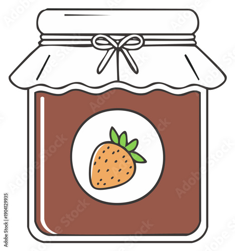 Hand-drawn jar with strawberry jam and a bow tied around the lid, simple flat illustration
