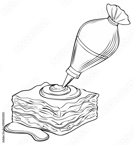 Outlined Illustration of a Pastry Bag Icing a Layered Desert, Detailed Hand Drawn Dessert Artwork