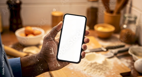 Person holding a smartphone with a blank screen in a kitchen setting.