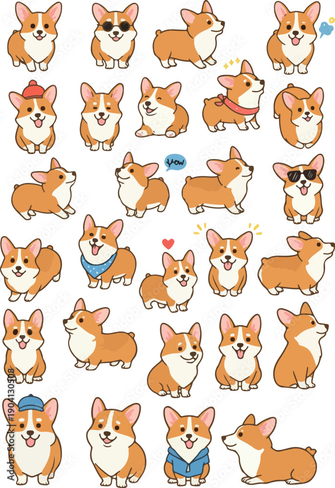 Fototapeta premium Cute Pixel Art Corgi Dog Collection With Various Poses And Accessories