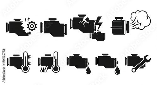 Set of car engine icons representing various issues and maintenance.
