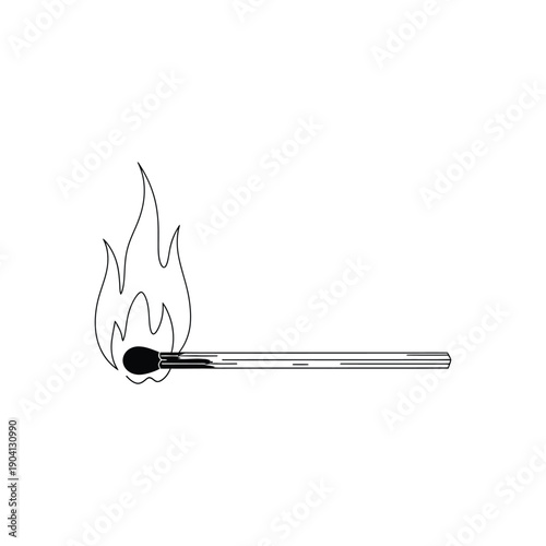Vector matchstick with flame, black and white illustration, isolated on transparent background, png