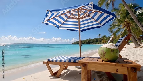 Serene tropical beach scene with a striped umbrella and lounge chair inviting relaxation on a sun-drenched sandy shore beside tranquil turquoise