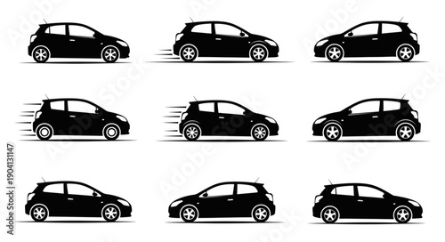 Set of black hatchback cars in different poses and angles.