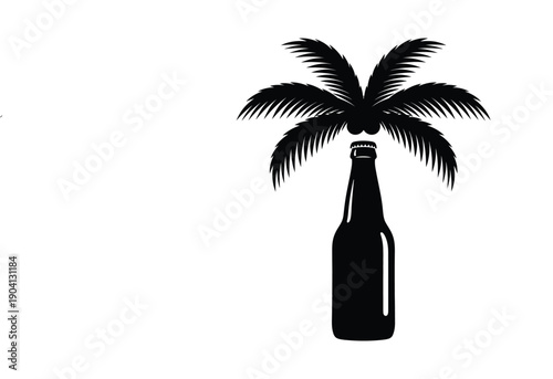 Vector palm tree and beer bottle silhouette, tropical icon, for logo or sticker, Isolated on transparent background, png