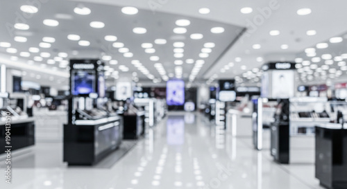 Brightly lit aisle in a contemporary retail store with glowing display screens, presented as a soft focus technology background