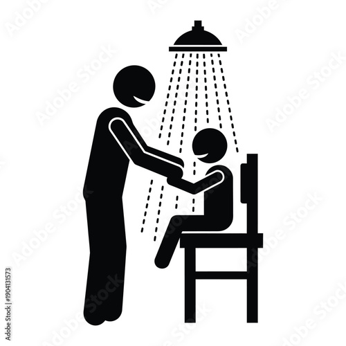 vector illustration of a person washing another person's hair under a shower head while seated on a chair, caregiving or assistance concept, isolated on transparent background, png