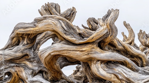 Abstract natural sculpture of twisted weathered wood branches forming intricate organic shapes and textures
