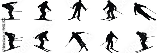 Skiing athlete silhouette collection winter sport skier action snow mountain activity isolated vector dynamic recreation adventure outdoor set