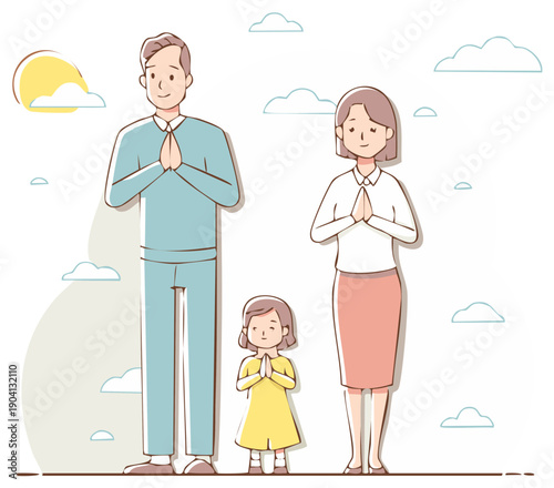 Smiling Asian family father mother and daughter performing traditional cultural greeting gesture