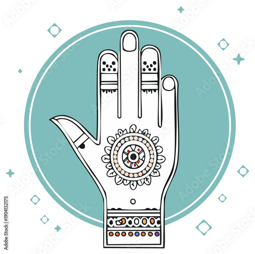 Intricate Henna Hand Tattoo Illustration with Decorative Circle Graphic