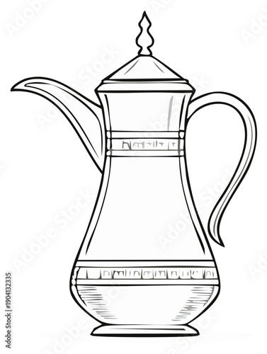 Ornate traditional Arabic Dallah coffee pot black and white line art illustration for coloring