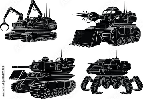 Four futuristic black and white mechanical vehicles with treads tank excavator