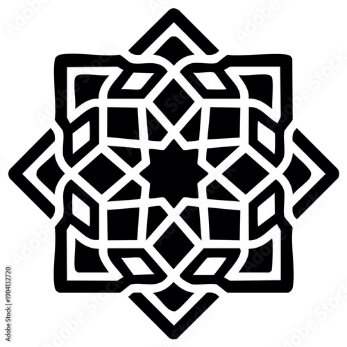 Abstract black and white geometric star design with intricate patterns and elegant lines