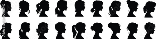 Women hairstyle silhouette collection female profile ponytail bun curly straight hair beauty fashion portrait isolated vector black illustration
