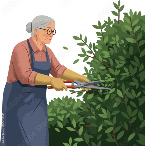 Elderly Woman Pruning Bush Greenery Garden Flat Design