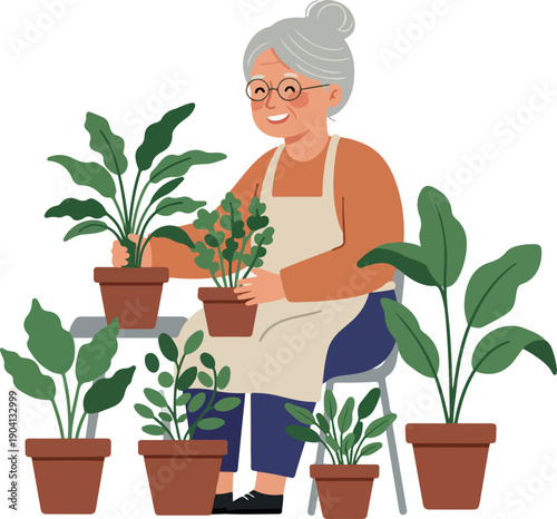 Elderly Woman Tending Potted Plants in a Minimalist Flat Design Style