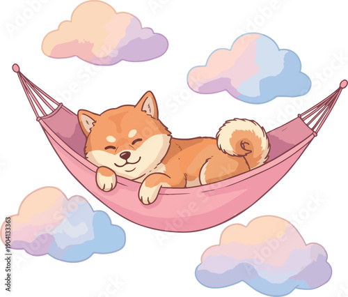 Cute Shiba Inu Dog Sleeping in Pink Hammock Surrounded by Pastel Clouds
