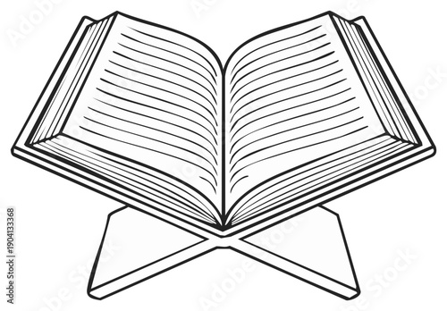 Illustration of an open book resting on a wooden book stand, showing the pages