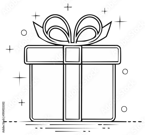 Outlined Gift Box with Ribbon and Bow, Decorative Holiday Package, Vector Illustration