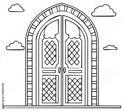 Elaborate arched doorway line art with ornate detail creates a vintage or whimsical architectural drawing of a closed portal
