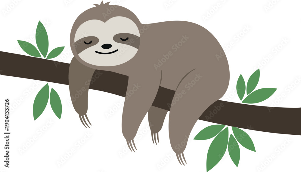 Naklejka premium Cute Sloth Hanging On A Tree Branch With Green Leaves Vector