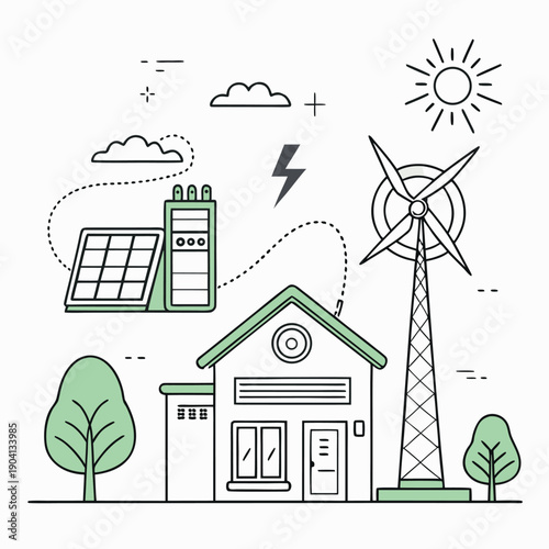 Wind power station with wind turbines generating clean renewable energy near homes and buildings in an eco friendly environment