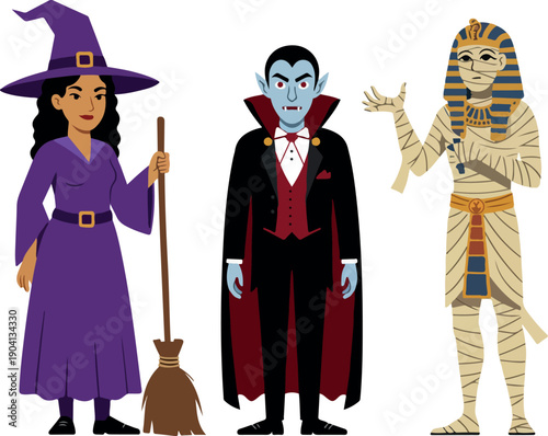 Halloween Characters Witch Vampire Mummy Isolated Elements