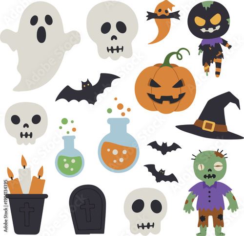 Halloween Pixel Art Elements Ghost Pumpkin Zombie Witch Hat Bat Tombstone Potion