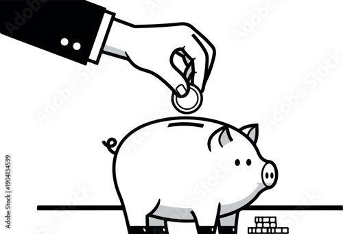 Hand Drops Coin Into Piggy Bank Minimalist Illustration