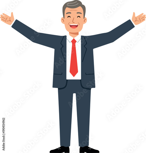 Happy Businessman Arms Wide Open In Dark Suit Red Tie Welcoming Pose