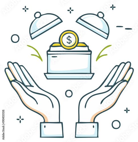 Cartoon Style Hands Presenting Dollar Coin Reward Platter Illustration