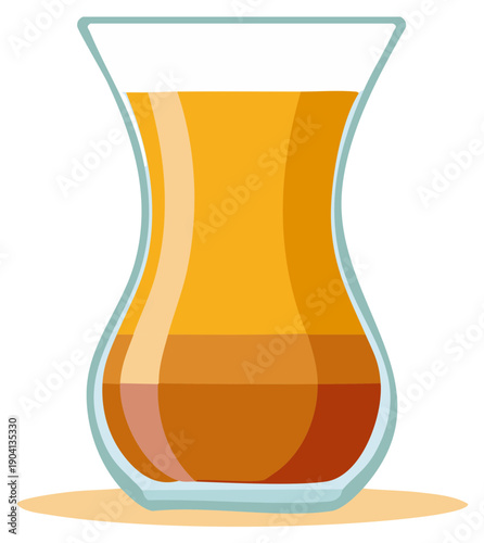 Traditional tea glass with layered drink showing color gradations, filled glass on neutral ground