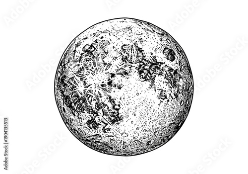 Vintage Moon Engraving Illustration Black and White Astronomical Art