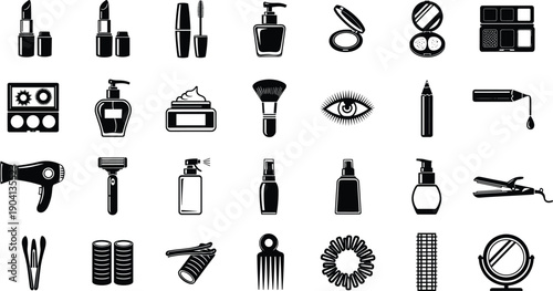 Beauty cosmetics icon set illustration, makeup skincare hair styling tools collection, salon accessories symbols, minimalist black vector design