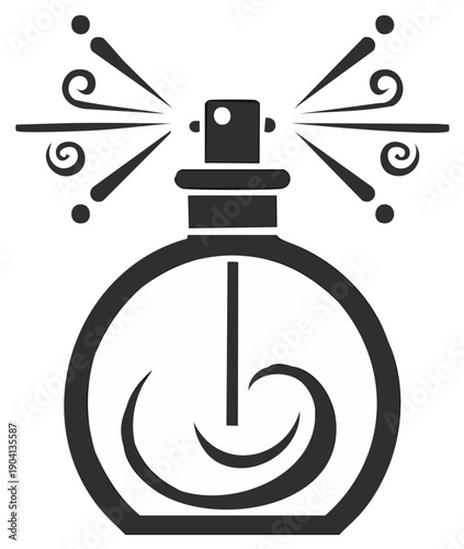 Monochrome vector icon of a round perfume bottle spraying a decorative fragrance mist