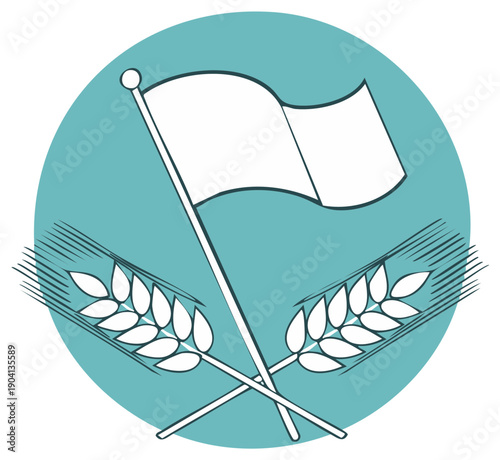 Waving white flag and crossed wheat stalks emblem on turquoise circle illustration