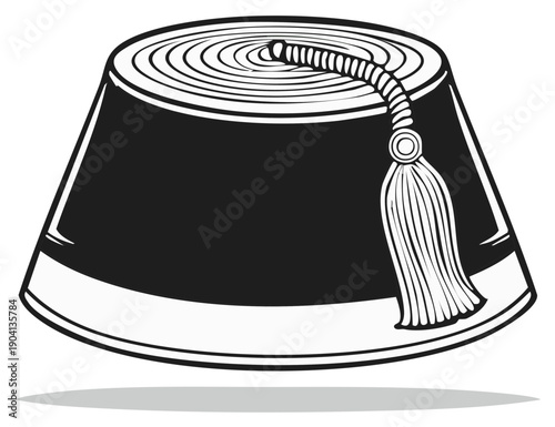 Black and white illustration of a traditional fez hat with a tassel and layered top design.