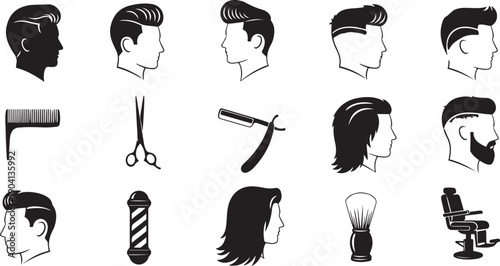 Black and white barber including haircuts and tools silhouette men's hair