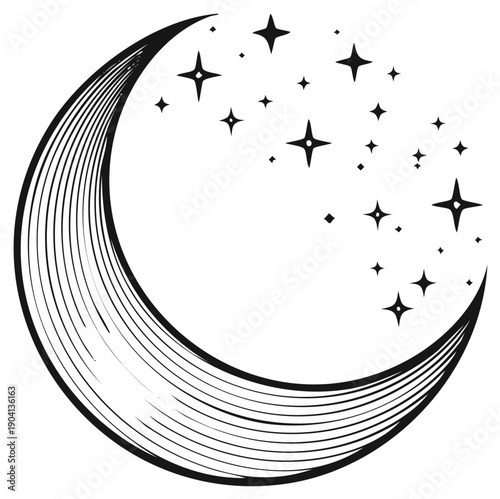 Crescent moon and stars illustration, night sky, celestial body, black and white.