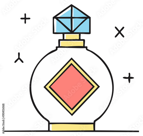 Elegant hand drawn perfume bottle illustration with sparkling blue faceted cap
