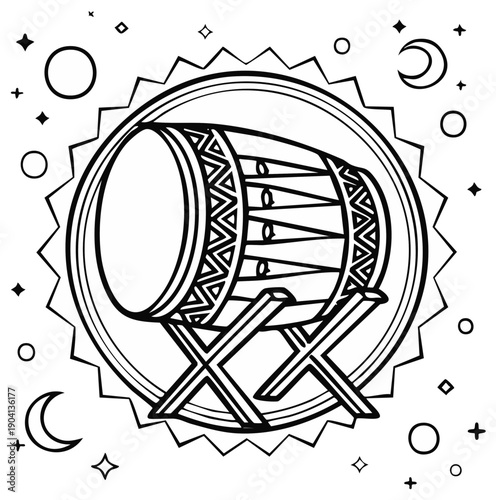 Traditional Islamic musical drum decorated with geometric patterns on a stand with crescent moons and stars