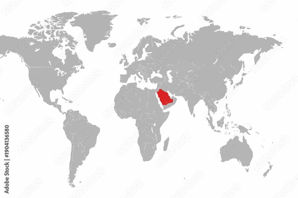 Obraz premium Full 2D World Map Vector with Saudi Arabia Highlighted in Green - Professional Middle East Geography 
