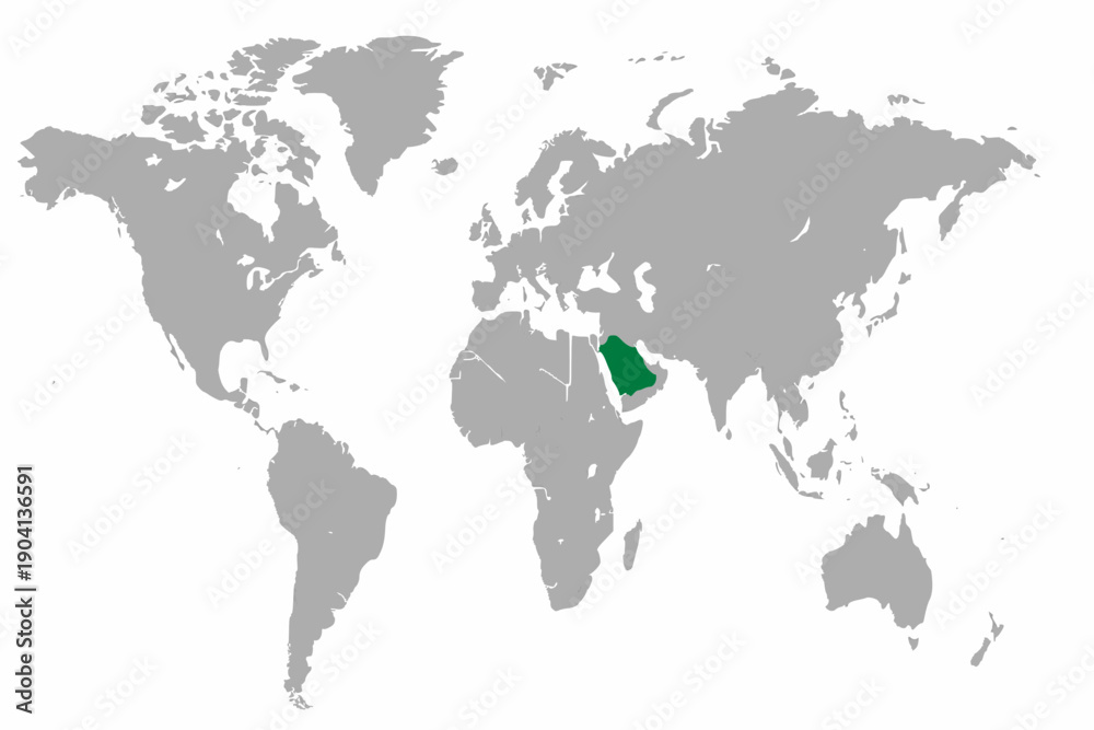 Obraz premium Full 2D World Map Vector with Saudi Arabia Highlighted in Green - Professional Middle East Geography 