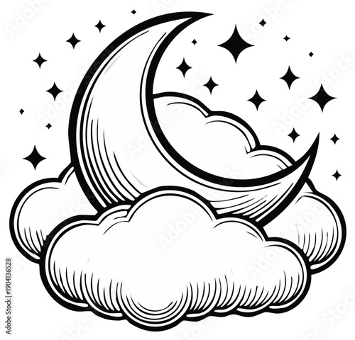 Crescent moon in clouds with stars, night sky illustration, dreamy celestial graphic in black and white for textile and design projects