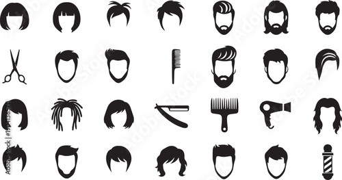 Black and white of hairstyles and barber tools haircuts scissors combs