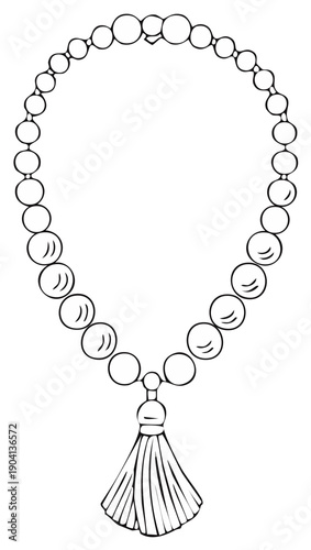 Necklace with beads and tassel in line art style for coloring books or pages, drawing and sketching.