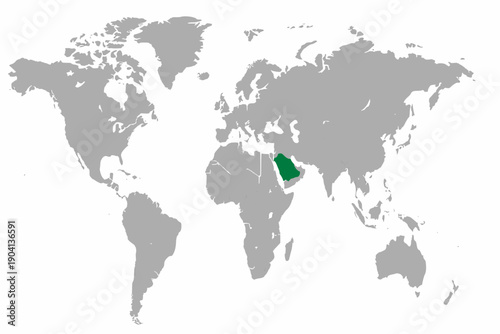 Full 2D World Map Vector with Saudi Arabia Highlighted in Green - Professional Middle East Geography
