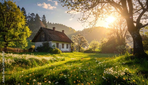 Wallpaper Mural Idyllic Countryside Cottage Bathed in Golden Morning Sunlight. Torontodigital.ca